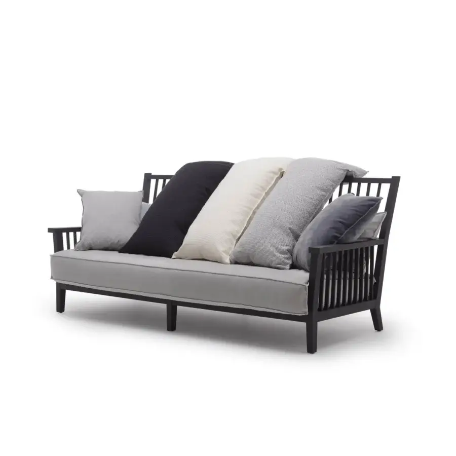 Sophisticated Gervasoni Gray 03 sofa in light textile with matte black ash wood frame and vertical slats