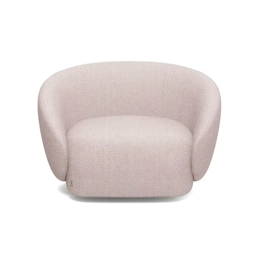 Exquisite Furla Casa Opportunity lounge chair with organic silhouette in textured pale pink fabric and black beech wood base
