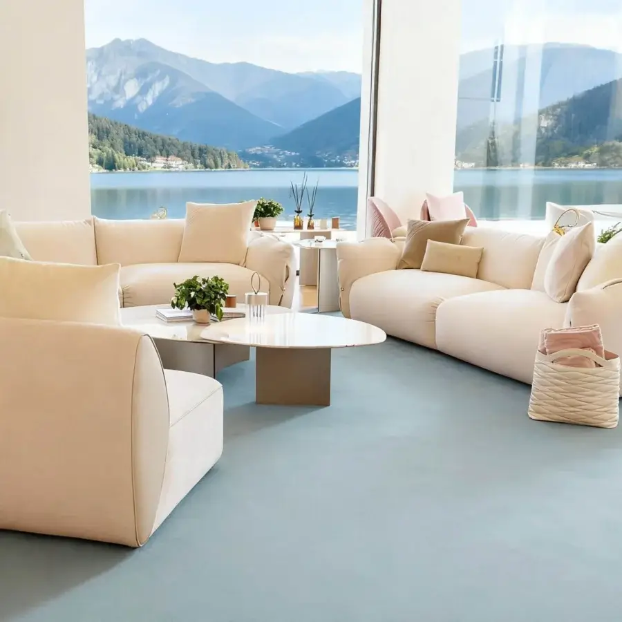 Distinguished Furla Casa Cherry Blossom sofa in off-white fabric with an organic rounded silhouette and curved lines