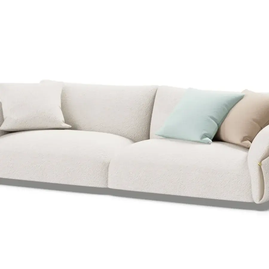 Exquisite Furla Casa Cherry Blossom sofa in off-white fabric with black solid beech wood feet and gold-toned metallic hardware