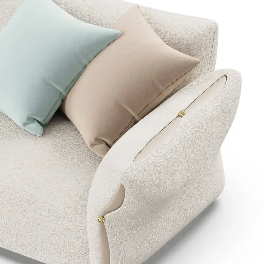 Refined Furla Casa Cherry Blossom sofa in cream textured textile with beige leather accents and black solid beech wood feet