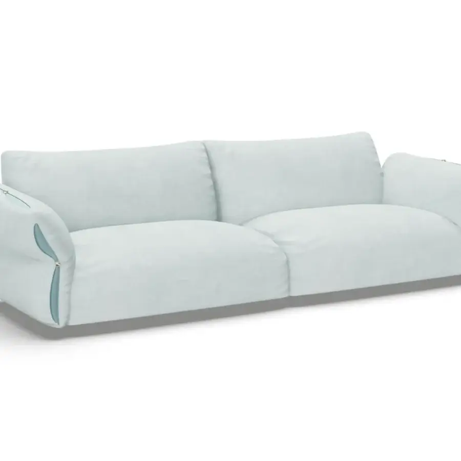 Distinguished Furla Casa Cherry Blossom sofa in pale light blue fabric with teal accents and black solid beech wood feet