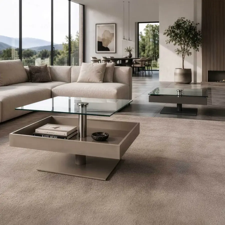 Architectural Naos Levante rectangular coffee table with transparent glass top, polished metal column and taupe matte frame
