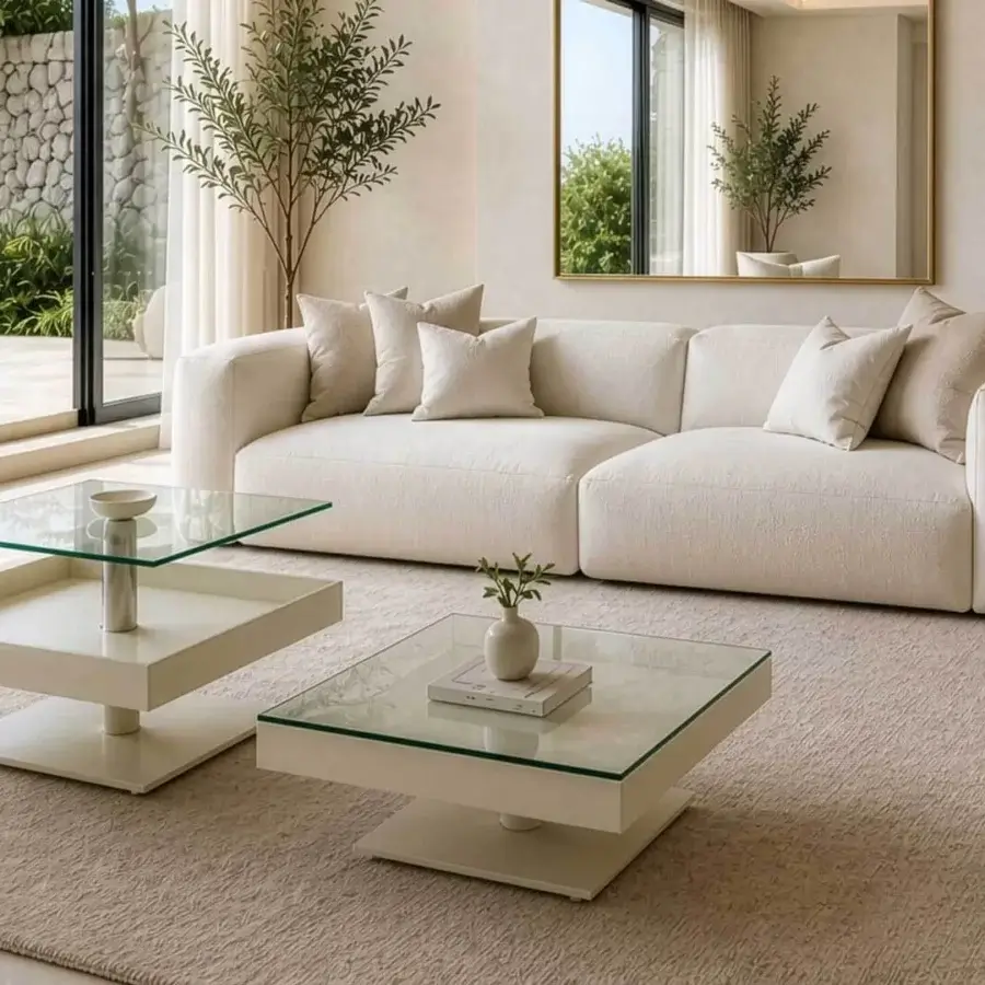 Exquisite Naos Levante rectangular coffee table in matte off-white with transparent glass top and silver metallic supports