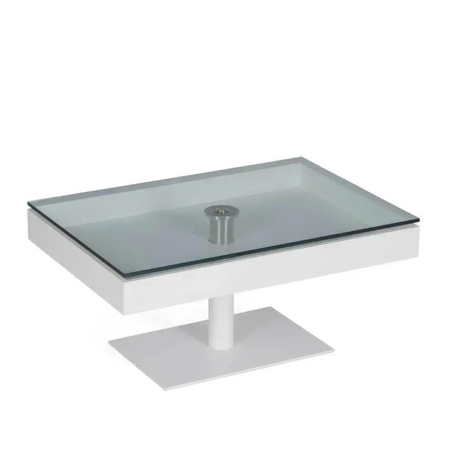 Premium Naos Levante rectangular coffee table with transparent glass top and matte white central cylindrical support