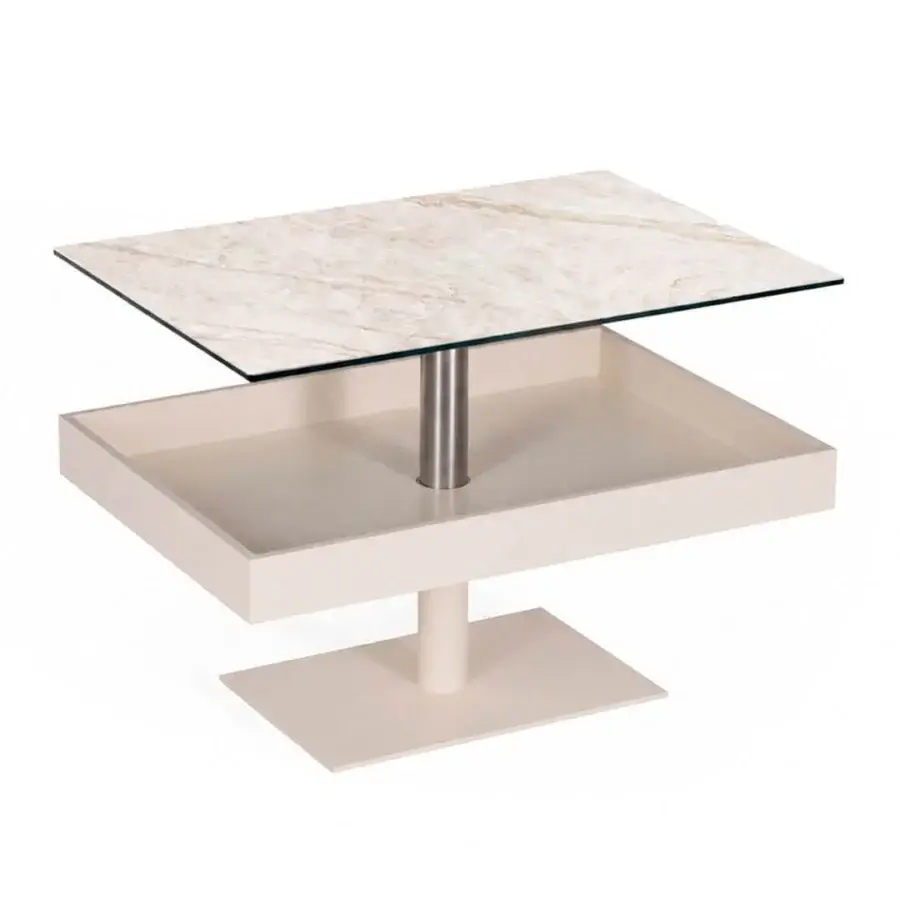 Sophisticated Naos Levante rectangular coffee table in white beige marble-patterned glass with satin metal column base