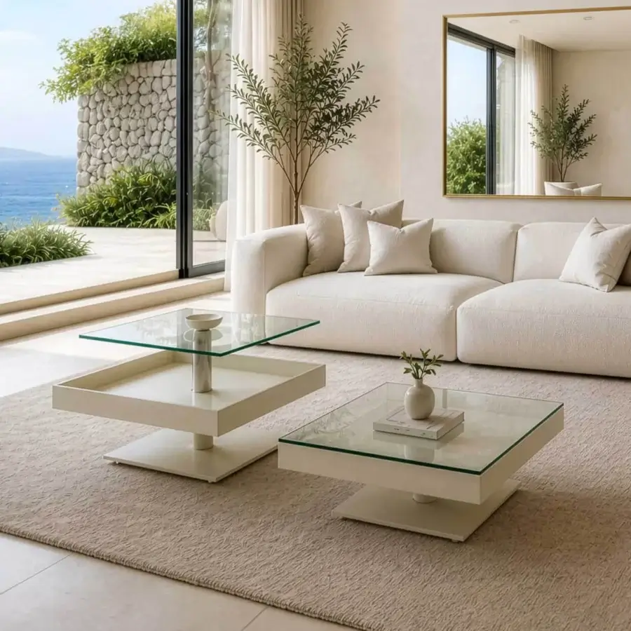 Exquisite Naos Levante rectangular coffee table in transparent glass and silver-toned metal with smooth white finish