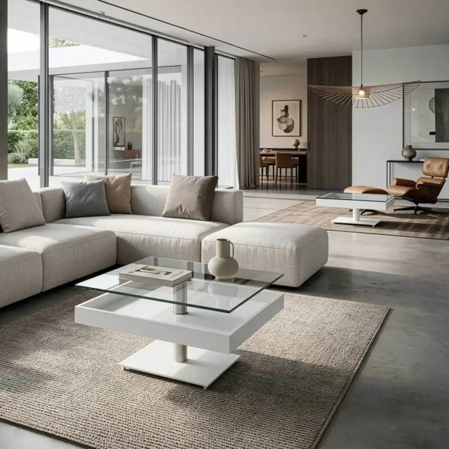 Elite Naos Levante rectangular coffee table in transparent glass with matte white tiered structure and metallic supports