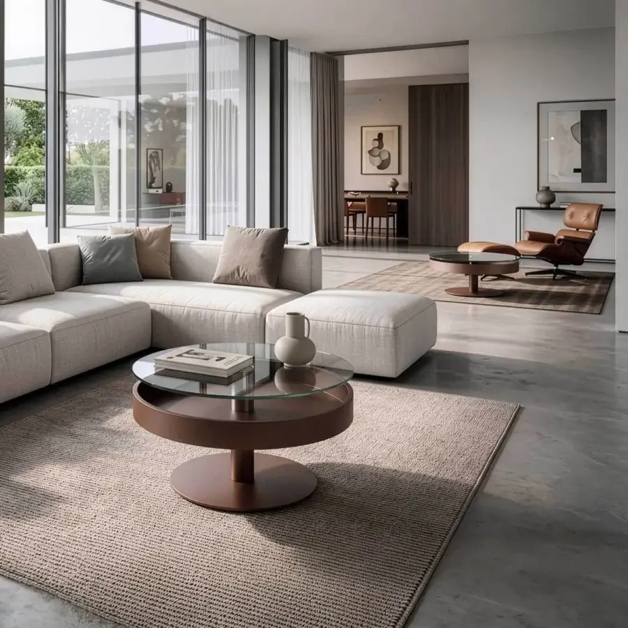 Distinguished Naos Levante round coffee table in transparent glass and metallic ring with bronze-toned painted finish