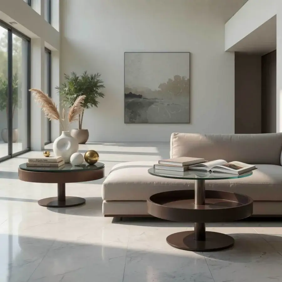 Refined Naos Levante round coffee table in transparent glass with dark brown painted wood frame and integrated storage drawer