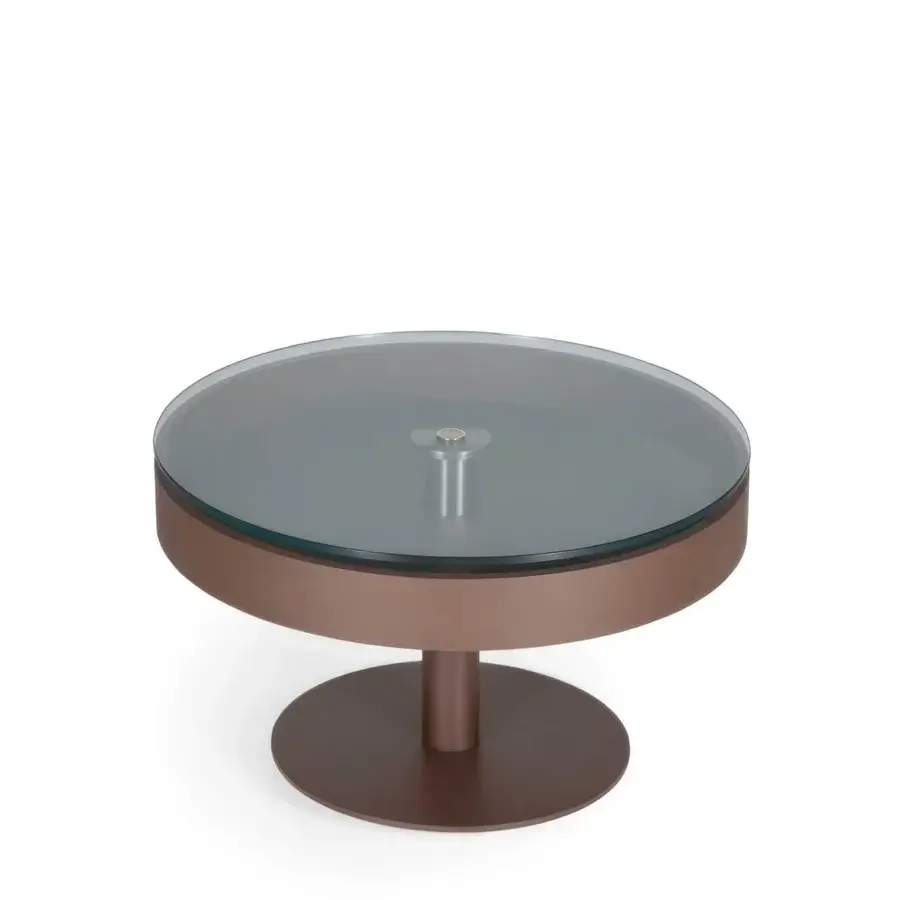 Distinguished Naos Levante round coffee table with glass top, bronze-brown painted frame and integrated wooden drawer