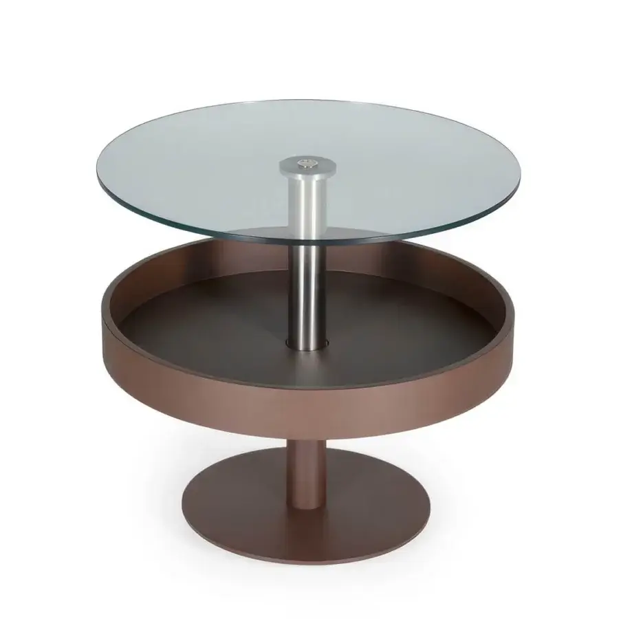 Refined Naos Levante round coffee table with transparent glass top, brown matte finish and silver central pillar