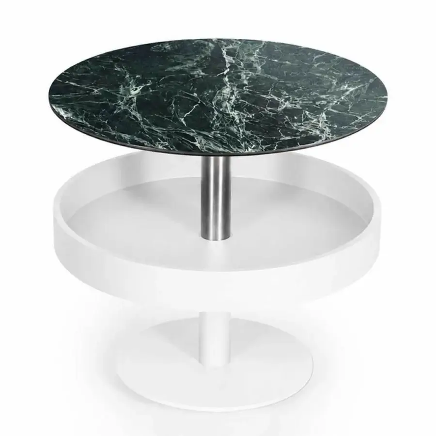 Distinctive Naos Levante round coffee table in polished dark green and black ceramic with white painted tiered metal support