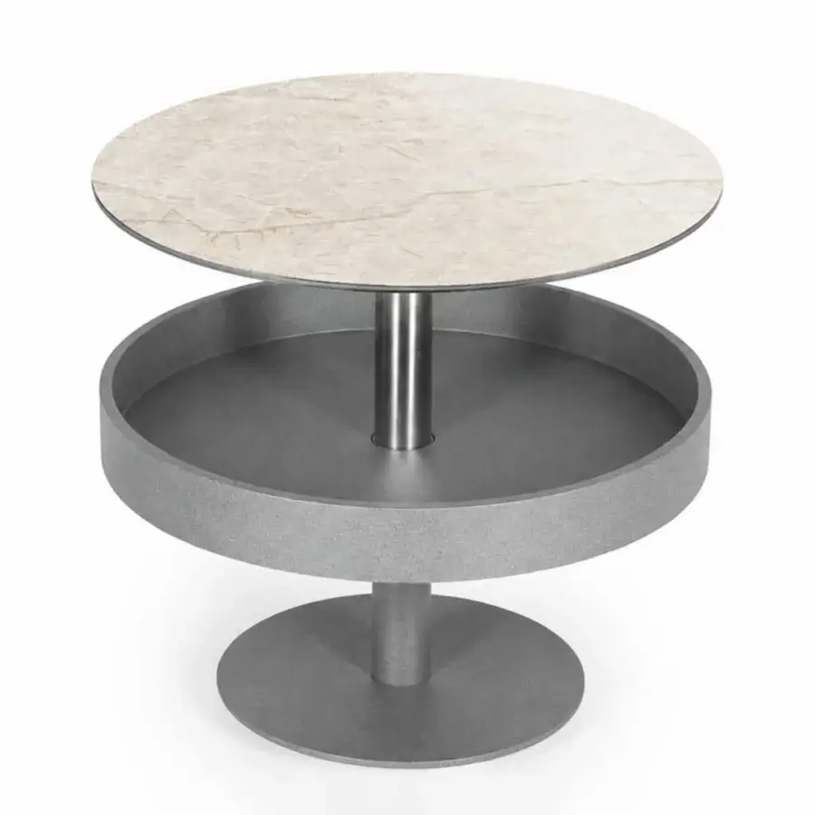 Exquisite Naos Levante round coffee table with beige grey veining ceramic top, matte frame, silver pillar and wooden drawer