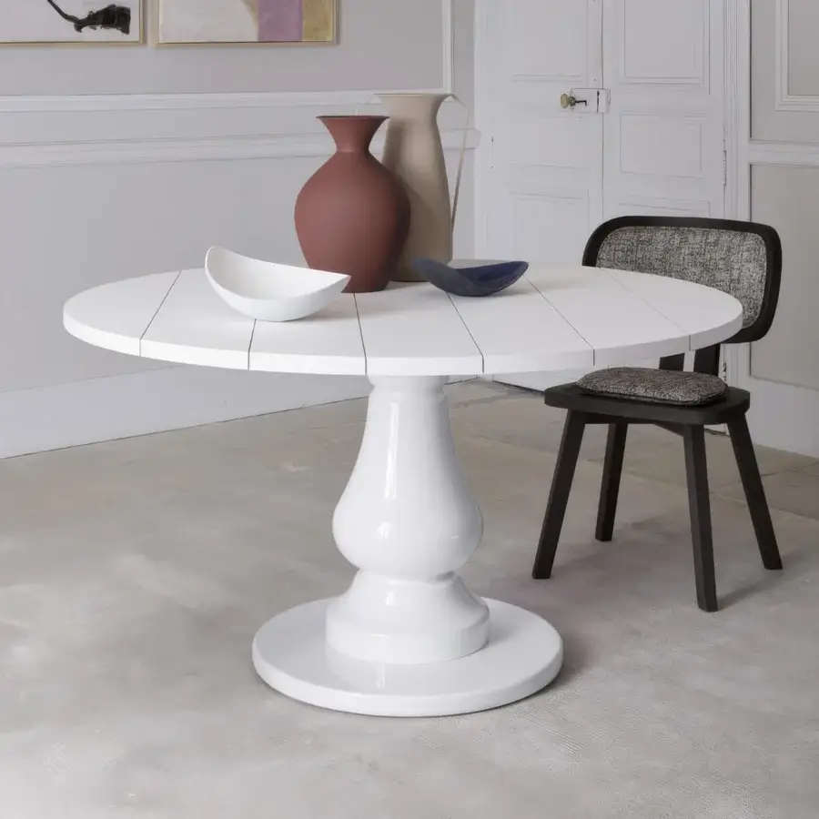Architectural Gervasoni Gray 38 Round Table with slatted ash wood top and sculptural curved pure white Millgres base