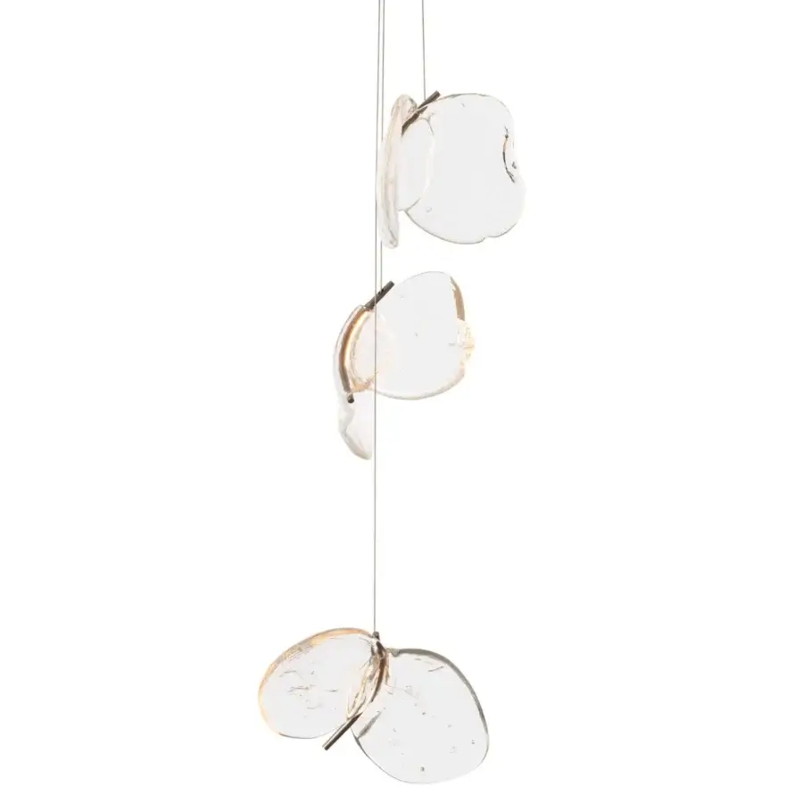 Distinguished Bocci 141 Cluster Suspension Lamp with organic asymmetrical forms in clear and soft amber translucent glass
