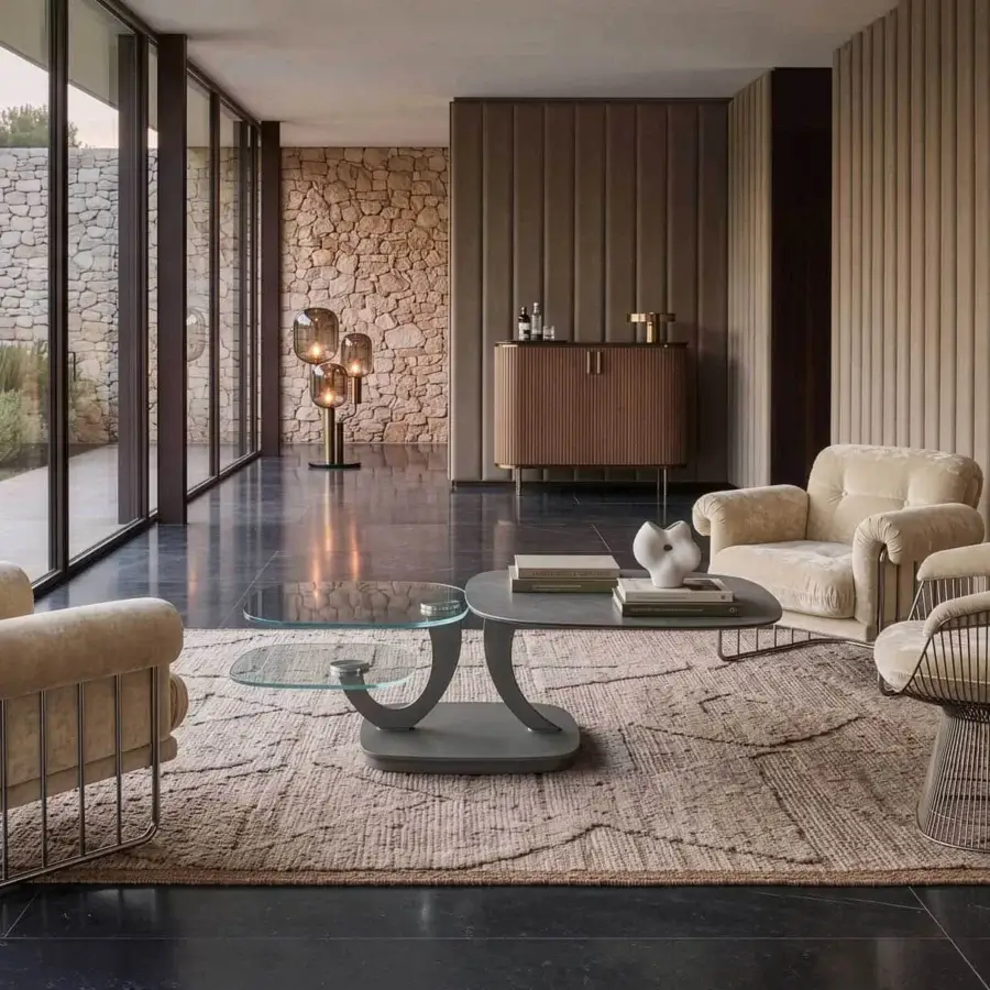 Architectural Naos Loto extendable coffee table in matte grey painted metal with clear glossy glass revolving surfaces