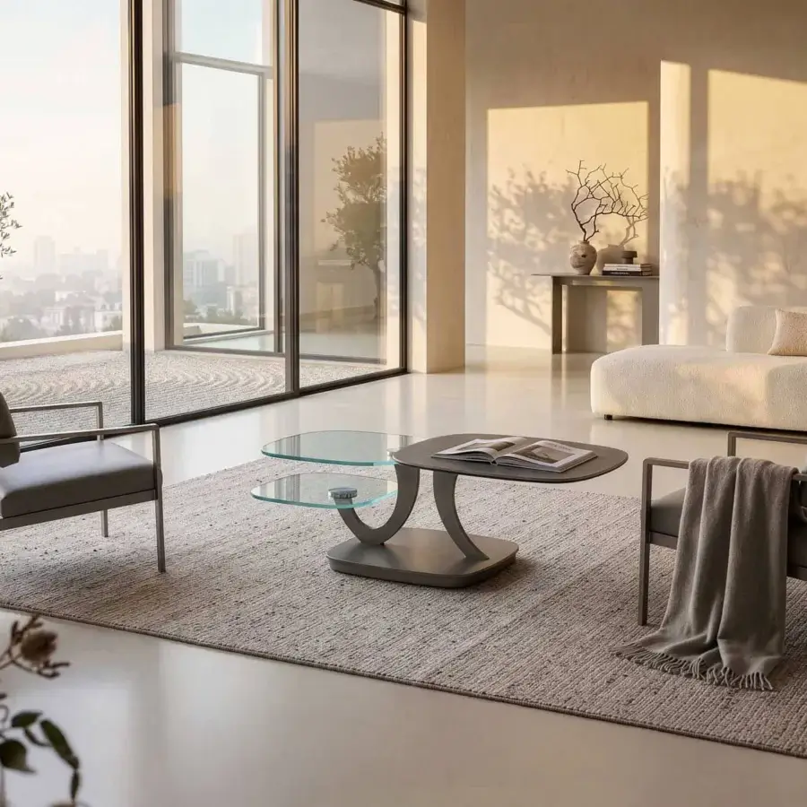 Distinguished Naos Loto extendable coffee table with dark grey matte finish and tiered transparent glass surfaces