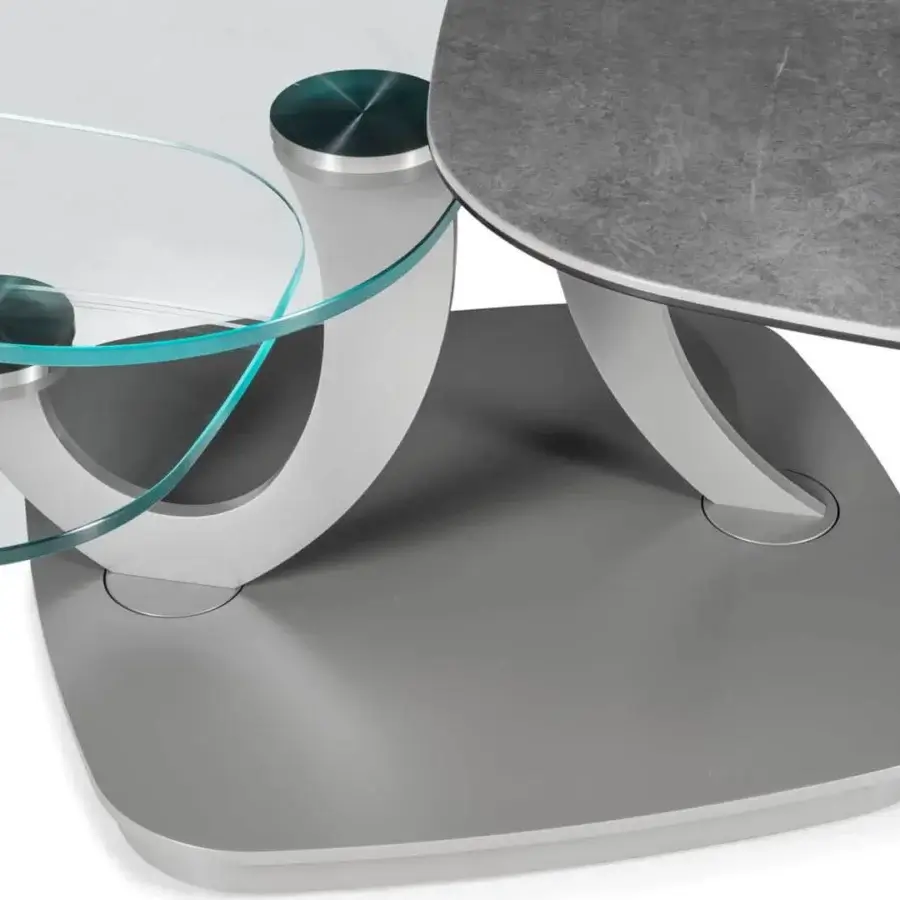Exquisite Naos Loto extendable coffee table with matte gray ceramic, glossy transparent glass and satin metallic base