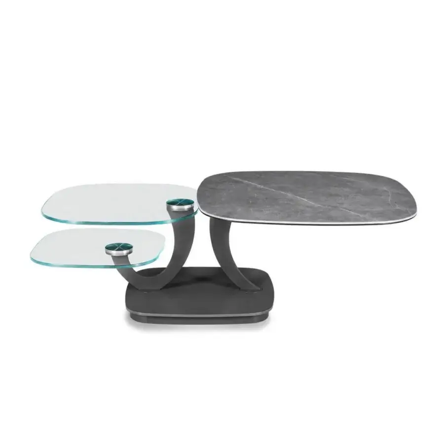 Innovative Naos Loto extendable coffee table with grey veined ceramic, clear glass tiers and matte dark metal base