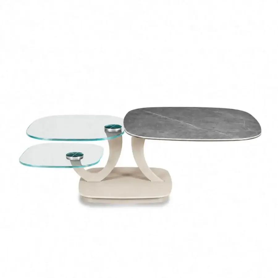 Sophisticated Naos Loto extendable coffee table with grey veined ceramic, transparent glass and beige painted metal base