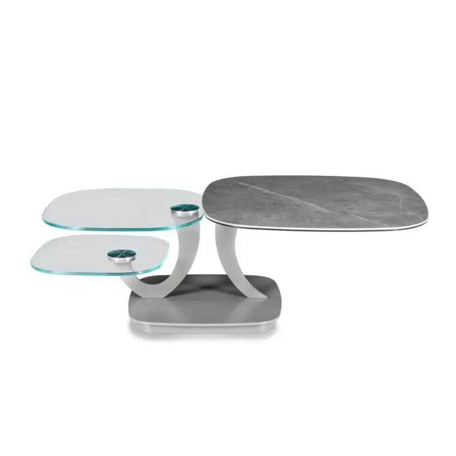 Distinguished Naos Loto extendable coffee table with gray marbled ceramic, transparent glass and satin silver metal base