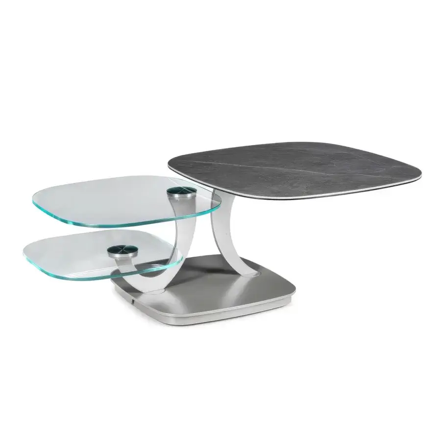 Sophisticated Naos Loto extendable coffee table with dark grey ceramic top, clear glass shelves and satin silver metal base