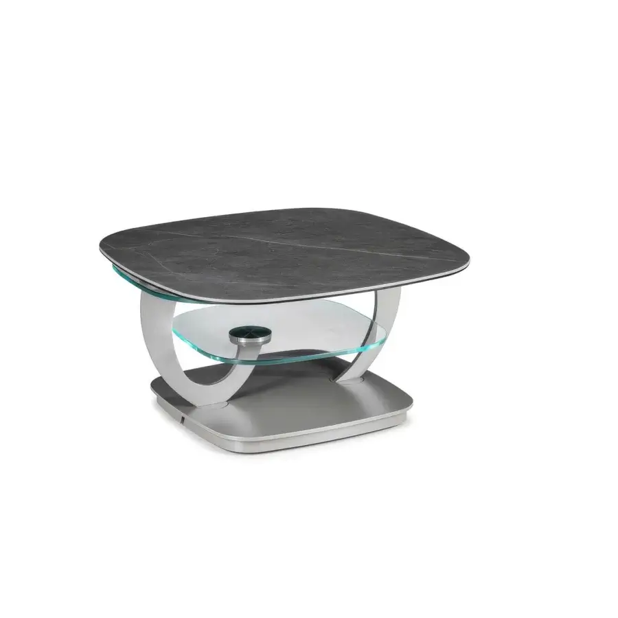 Exquisite Naos Loto extendable coffee table with dark gray ceramic top, transparent glass shelf and satin silver metal frame