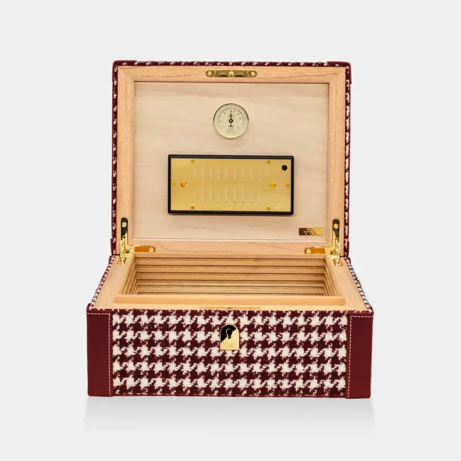 Premium Vèlle Milano Cigars Humidor in red and white houndstooth Loro Piana Interiors fabric with leather, Spanish cedar