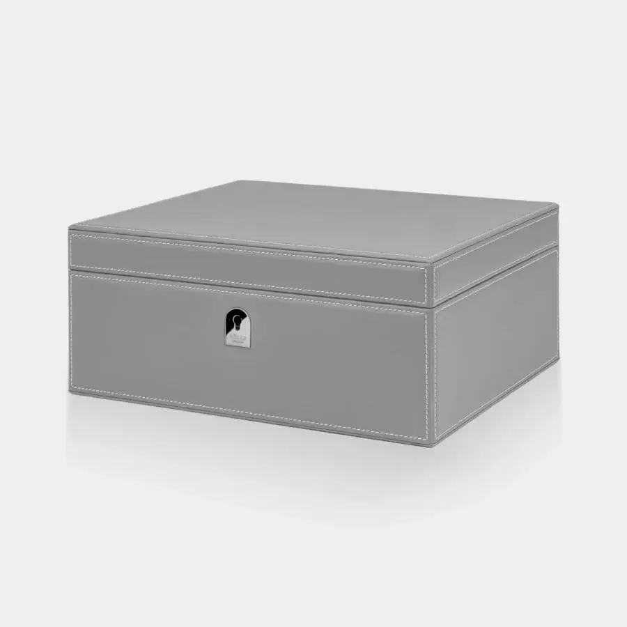 Refined Vèlle Milano cigars humidor in grey padded leather with white contrast stitching and polished silver-toned lock