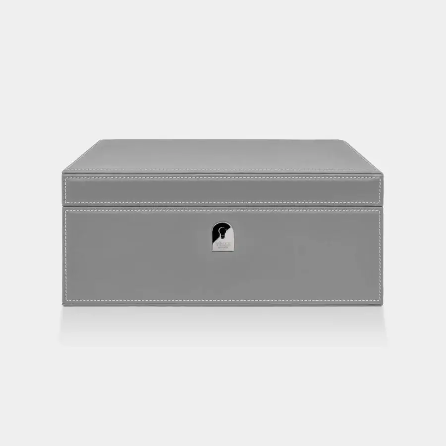 Exquisite Vèlle Milano Cigars Humidor in matte grey padded leather with white contrast stitching and Spanish cedar interior