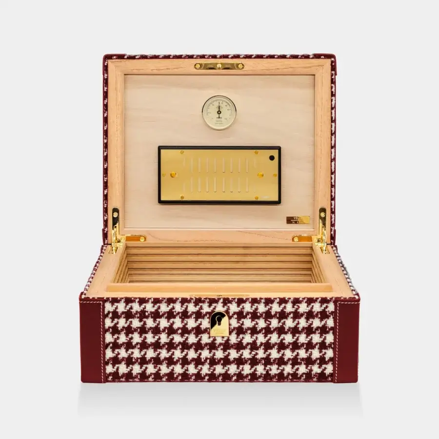 Prestige Vèlle Milano cigars humidor in burgundy and white houndstooth fabric with leather trims plus gold-toned hardware
