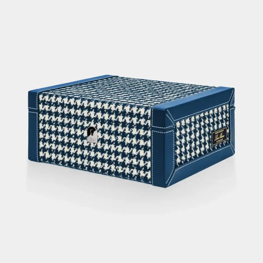 Sophisticated Vèlle Milano Cigars humidor in blue and cream checkered Loro Piana fabric with Spanish cedar lining