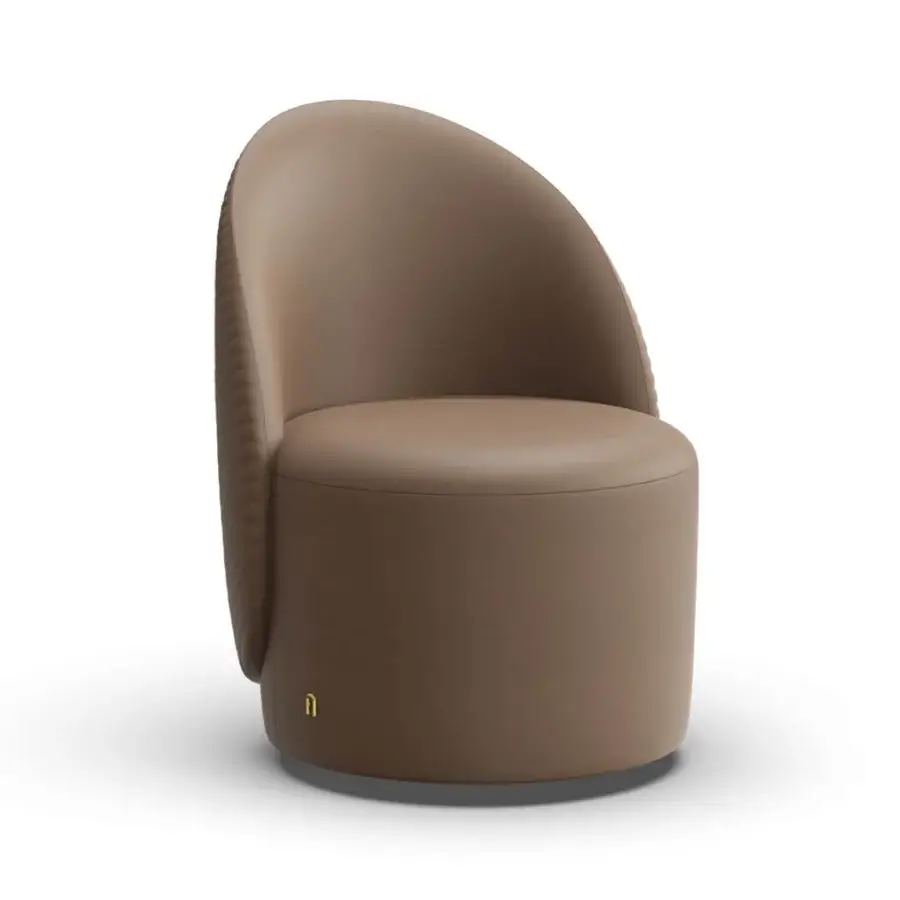 Sumptuous Furla Casa Venus swivel lounge chair in taupe polyester fiber with distinctive quilting and matte black metal base