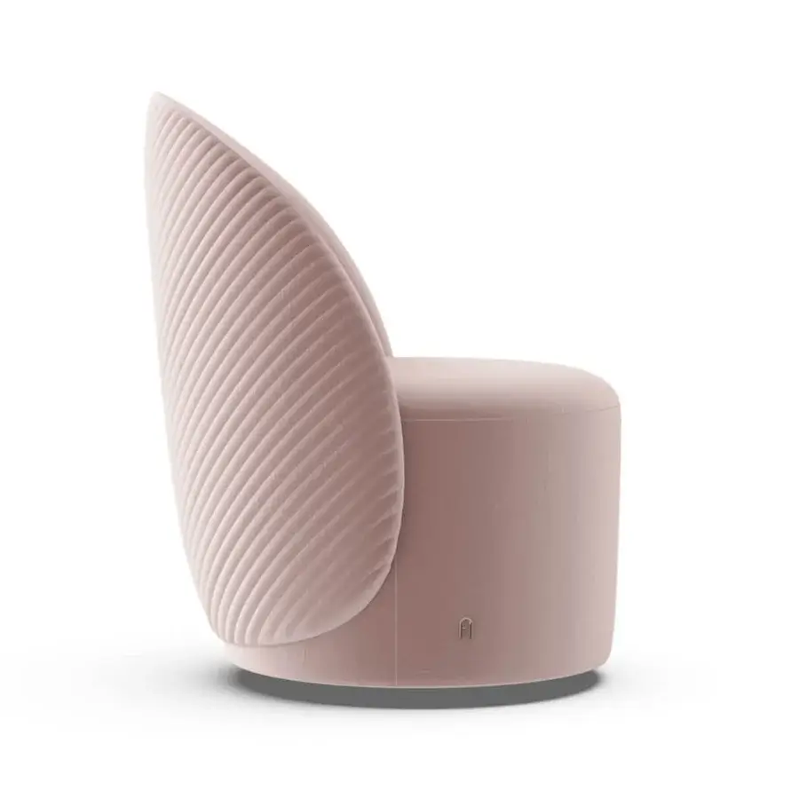 Exquisite Furla Casa Venus swivel lounge chair in dusty pink fabric with organic shell silhouette and matte black base