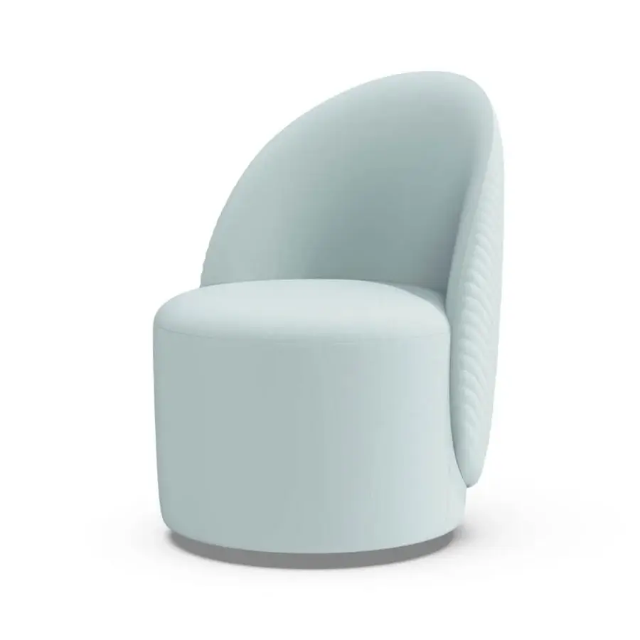 Premium Furla Casa Venus swivel lounge chair in pastel blue fabric with V-shaped quilted backrest and matte black metal base