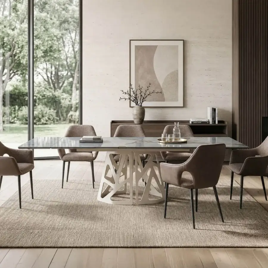 Sleek Naos Graal extendable table crafted with charcoal grey ceramic top and off-white painted metal sculptural base