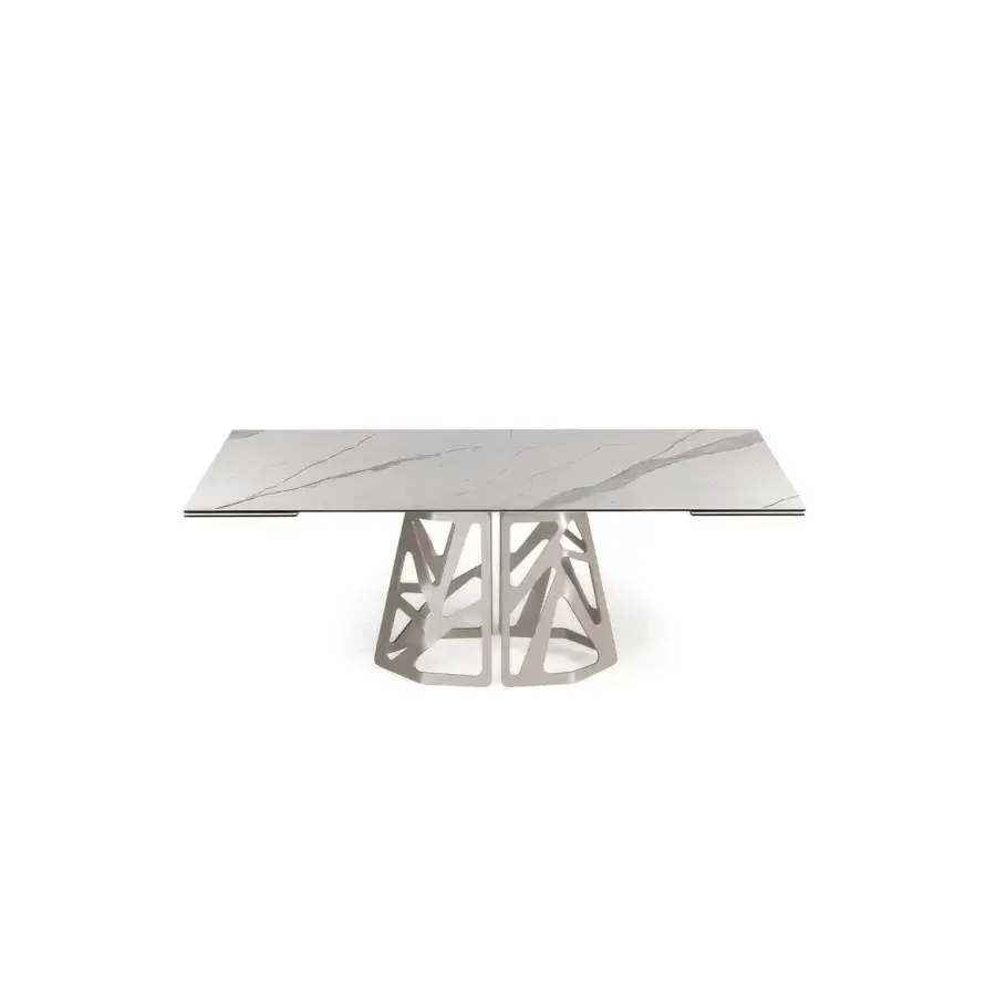 Polished Naos Graal extendable table in white ceramic with grey veining and champagne painted metal sculptural base