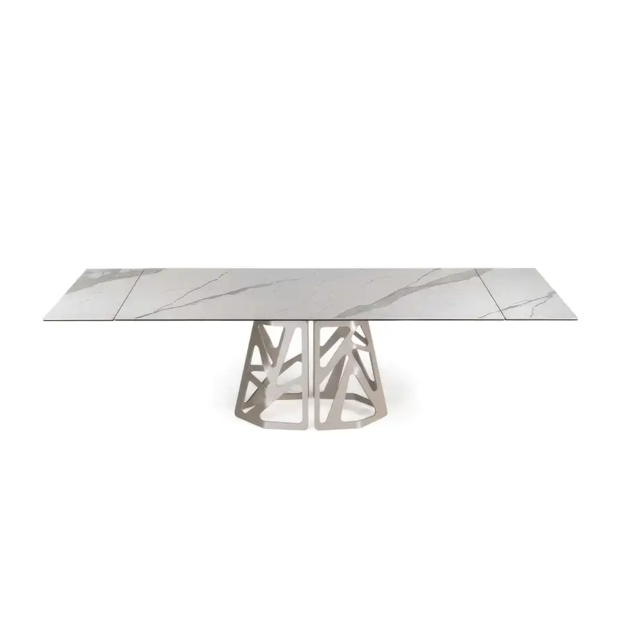 Distinguished Naos Graal extendable table in white ceramic with grey veining and sculptural satin metal geometric base