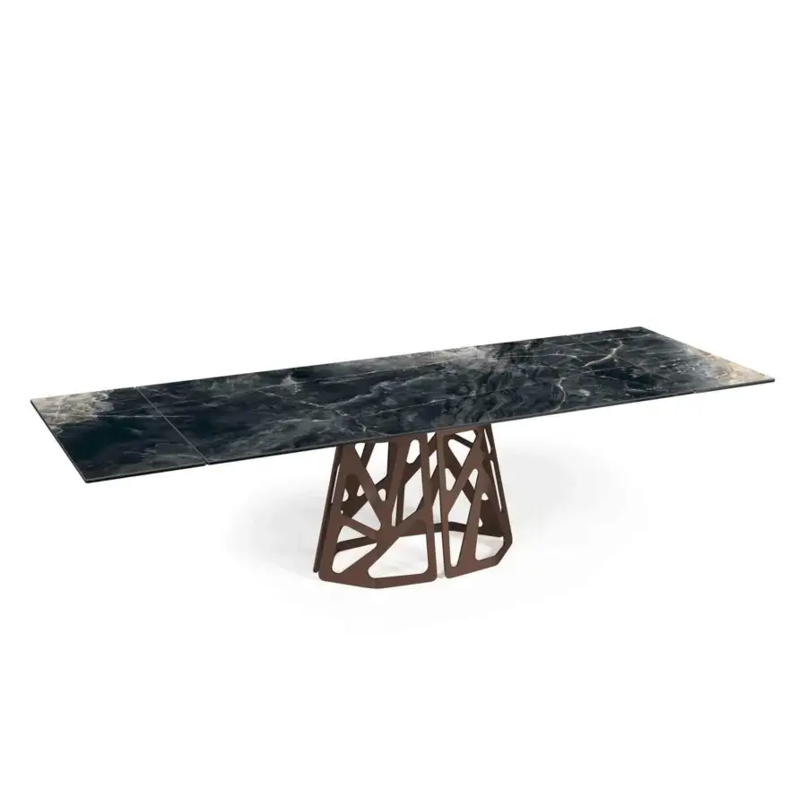 Sleek Naos Graal extendable table with glossy ceramic top in dark and gold veining atop sculptural bronze painted metal base