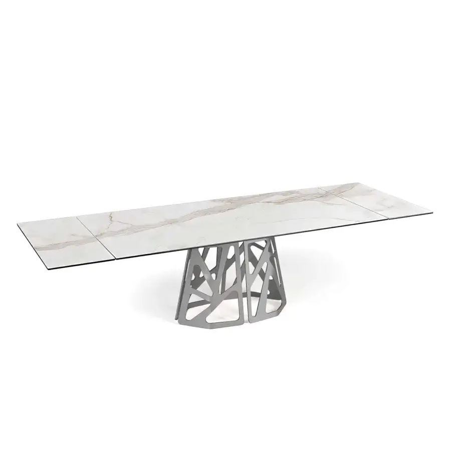 Exquisite Naos Graal extendable table in white and grey veining ceramic with polished silver chromed metal base