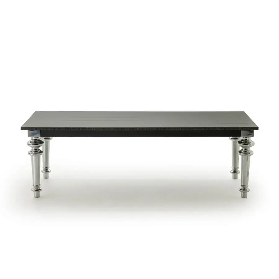 Sophisticated Gervasoni Gray 32-33 table with waxed iron sheet top and polished cast aluminium triple-turned profile legs