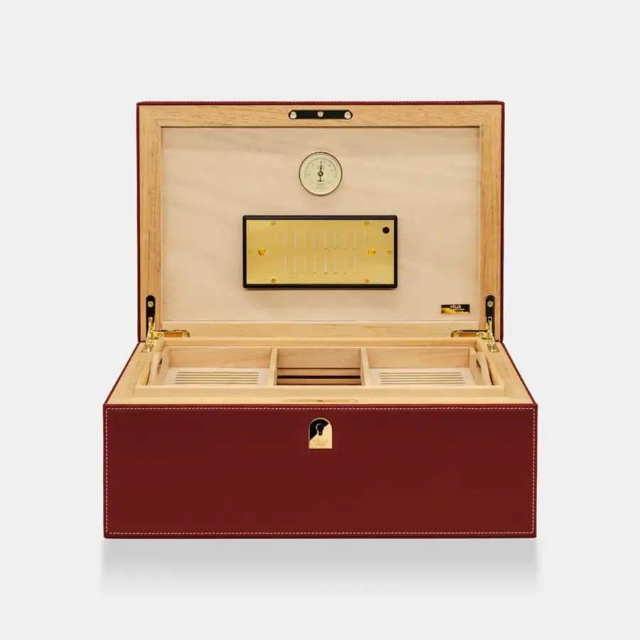 Exquisite Vèlle Milano Cigars Humidor Grand crafted in burgundy padded leather with white stitching and gold-toned hardware