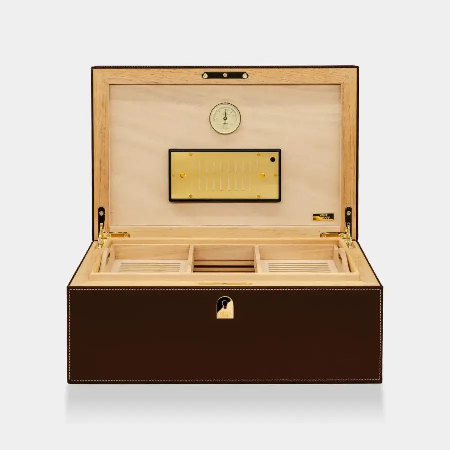 Distinguished Vèlle Milano Cigars Humidor Grand in padded dark brown leather with white contrast stitching and gold-toned metal