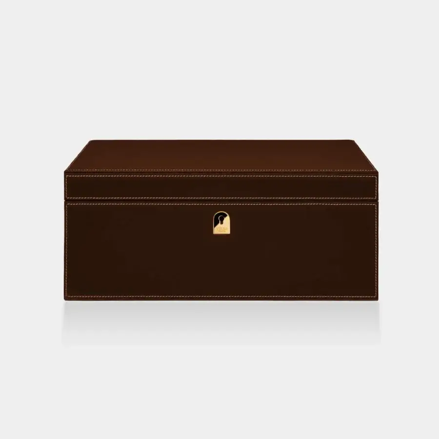 Sumptuous Vèlle Milano Cigars Humidor Grand in deep chocolate brown padded leather with cream stitching and gold-toned hardware