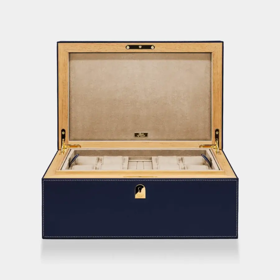 Refined Vèlle Milano Cigars Humidor Grand in navy blue Loro Piana Interiors fabric with leather trim and gold toned hardware