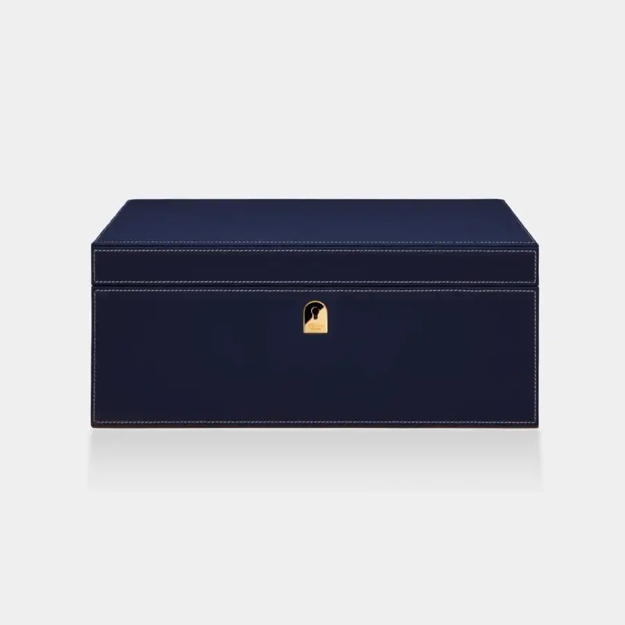 Sumptuous Vèlle Milano Cigars Humidor Grand in deep navy blue padded leather with gold-toned metal and contrast stitching