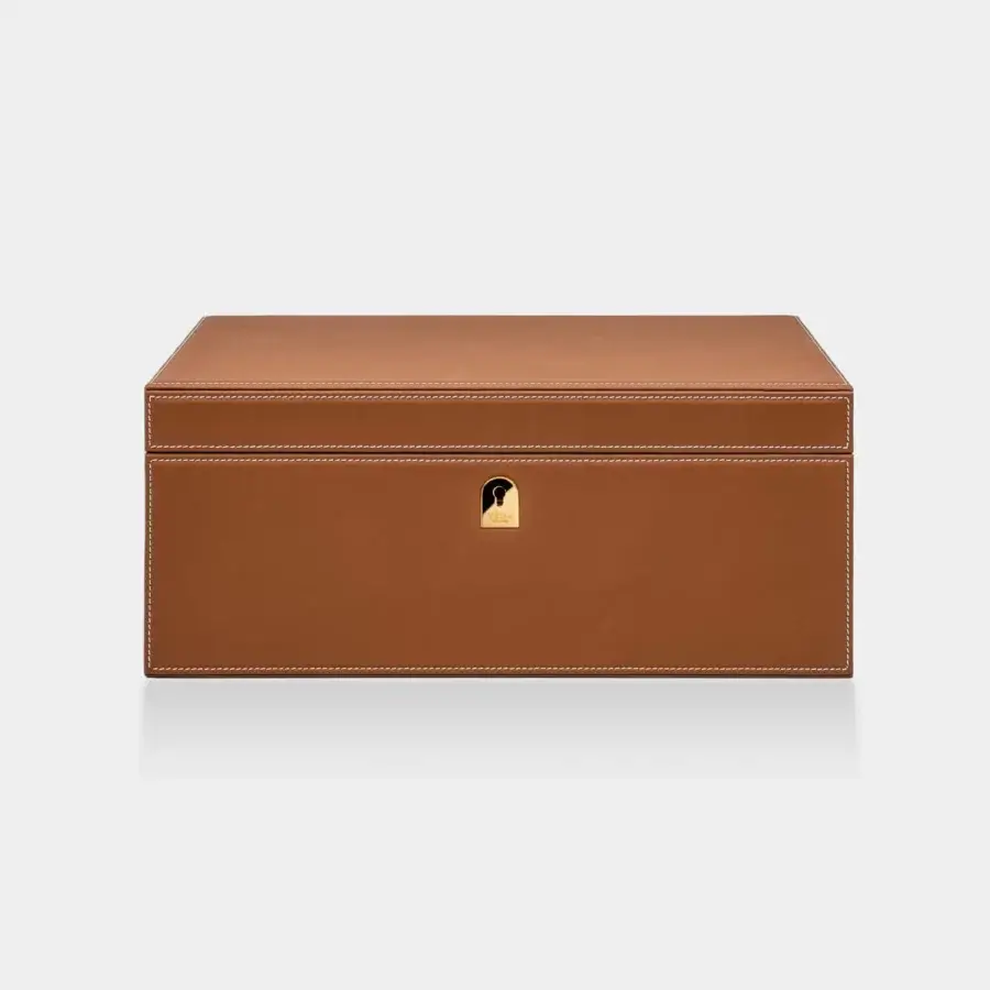 Sumptuous Vèlle Milano Cigars Humidor Grand in medium brown padded leather with white stitching and gold toned metal plate