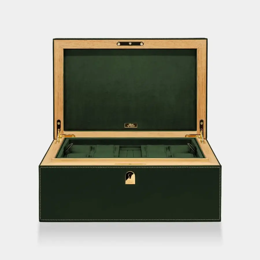 Refined Vèlle Milano Cigars Humidor Grand in forest green Loro Piana Interiors fabric with leather and gold-toned hardware