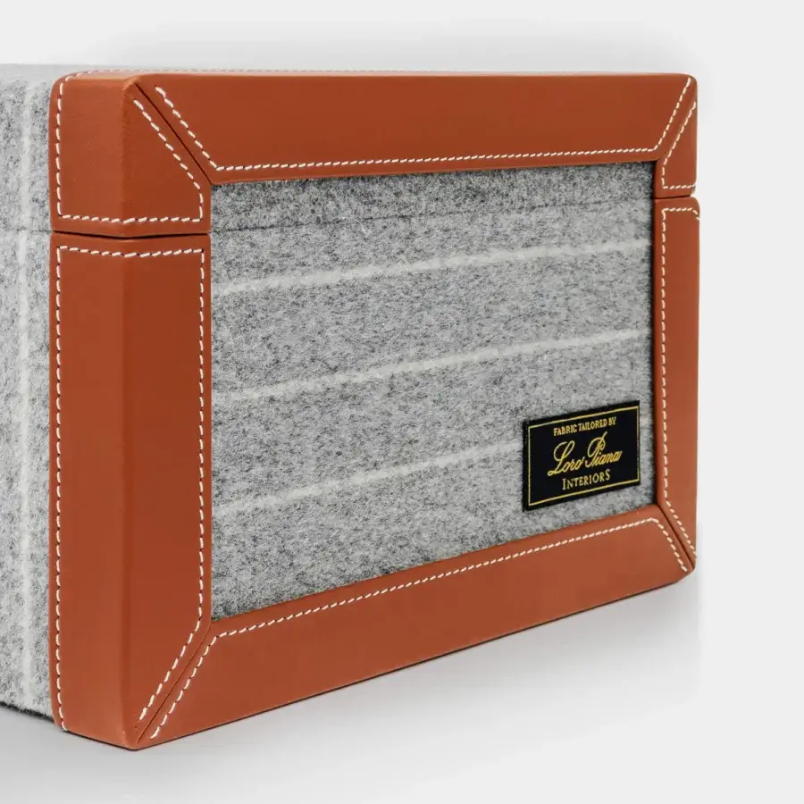 Distinguished Vèlle Milano Cigars Humidor Grand in grey striped Loro Piana fabric with tan leather trim and white stitching